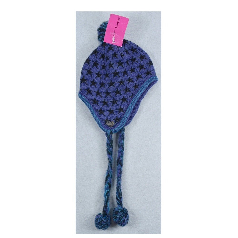 Betsey Johnson Purple Star Knit Trapper Hat Pom Pom Beanie Earflap Tassel New - Picture 3 of 6